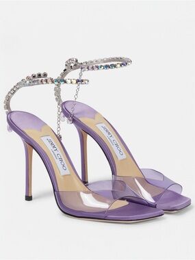 Jimmy Choo Women’s Saeda 100 Purple Plexi  Crystal Ankle Wrap Open Toe Sandals